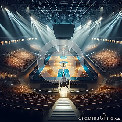 3D render of an empty basketball arena with floodlights and seats Stock Photo