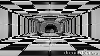 3d render endless black and white checkered tunnel Stock Photo