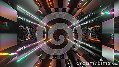 3d render endless tunnel with neon lights Cartoon Illustration
