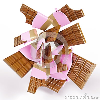 3d render explosion of chocolate bars in golden pink wrapper. Flying whole and bite choco desserts in open foil or paper Cartoon Illustration