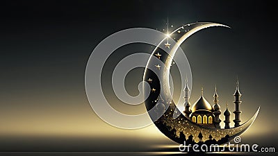 3D Render of Exquisite Crescent Moon With Shiny Mosque And Copy Space. Islamic Religious Stock Photo