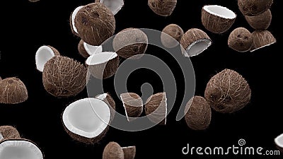 3D Render Falling coconuts on a black background Stock Photo