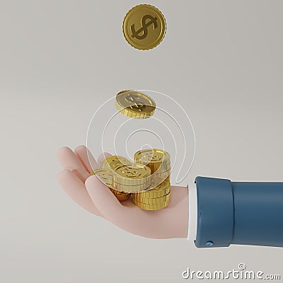 3d render Falling gold coins in hand and isolate on white background. Growth, income, savings, investment. Symbol of wealth. Cartoon Illustration