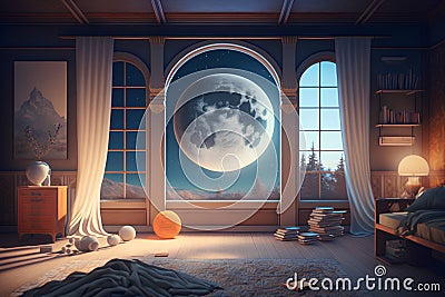 3d render of fantasy bedroom interior with large window and big moon Stock Photo