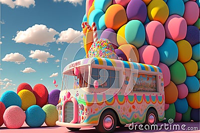 3D Render, Fantasy Colorful Food Truck of Candy Land And Clouds Stock Photo