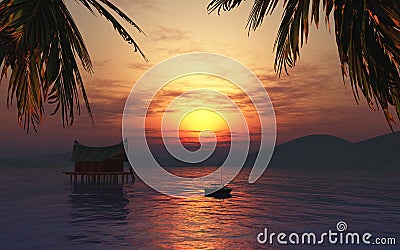 3D render of a female sunbathing on a boat in a tropical landsca Stock Photo