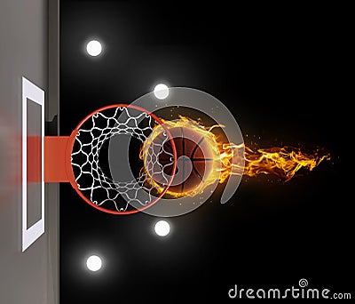 3D render of fiery basketball ball flying to hoop on black background Stock Photo