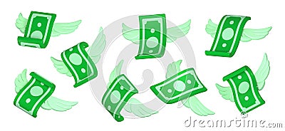 3d render flying banknotes with wings, money set Stock Photo