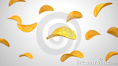 3d render. Flying crispy potato chips on white background. Depth of field Focus Stock Photo