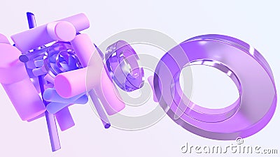 3d render, flying geometric shapes on abstract background. Glass or crystal hologram rings, glossy tubes, pink and Cartoon Illustration