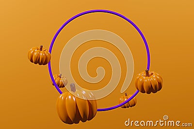 3d render flying purple ring with pumpkins on orange background Stock Photo