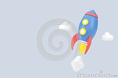 3d render Flying space rocket. and clouds. Launch business product on market. Spaceship and copy space for text Stock Photo
