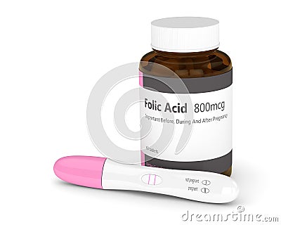 3d render of folic acid pills and pregnancy test Stock Photo