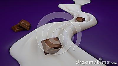 3d Creamy River on purple background with chocolates Cartoon Illustration