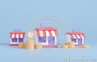 3d render franchise shop and coin stack. retail business expansion. business investment store franchise. Cartoon Illustration