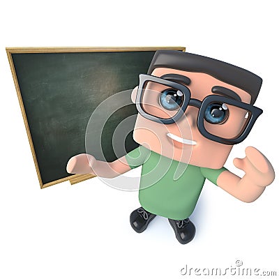 3d Funny cartoon geek nerd hacker character standing in front of a blackboard Stock Photo