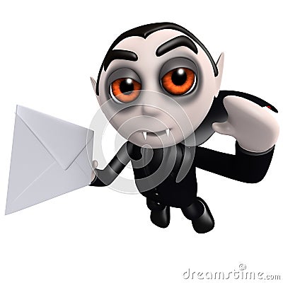 3d Funny cartoon Halloween dracula vampire character delivering an envelope Stock Photo