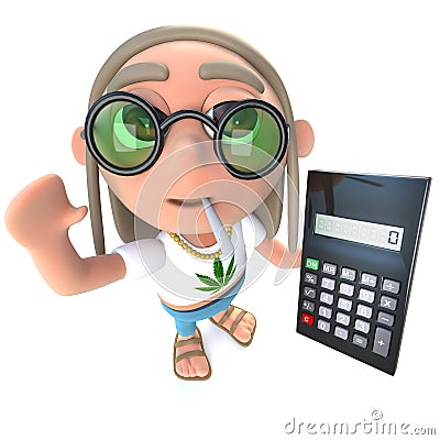 3d Funny cartoon hippy stoner character holding a calculator Stock Photo