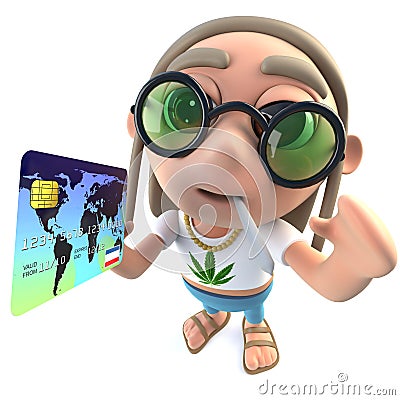 3d Funny cartoon hippy stoner character holding a credit debit card Stock Photo