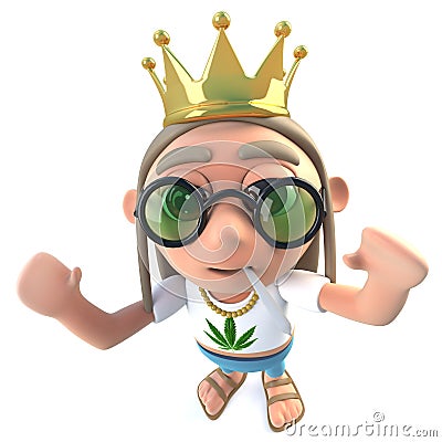 3d Funny cartoon hippy stoner character wearing a gold crown Stock Photo