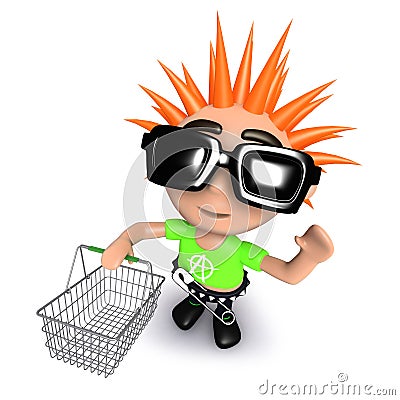 3d Funny cartoon punk youth holding a shopping basket Stock Photo