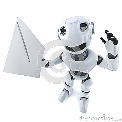 3d Funny cartoon robot character holding an email message envelope Stock Photo