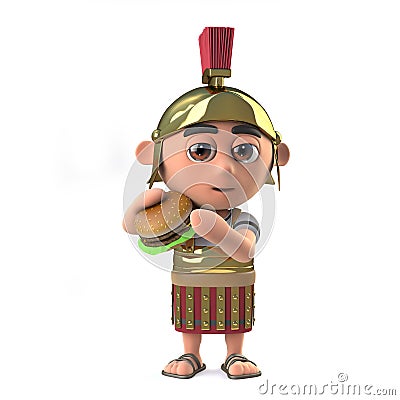 3d Funny cartoon Roman centurion gladiator eats a burger Stock Photo