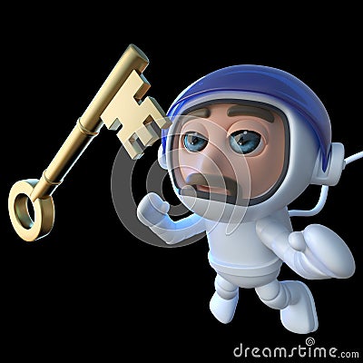 3d Funny cartoon spaceman astronaut character chasing a gold key in space Stock Photo
