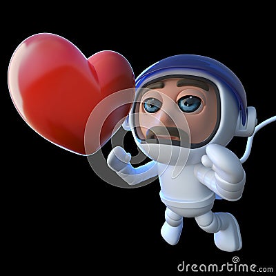 3d Funny cartoon spaceman astronaut character chasing a heart in space Stock Photo