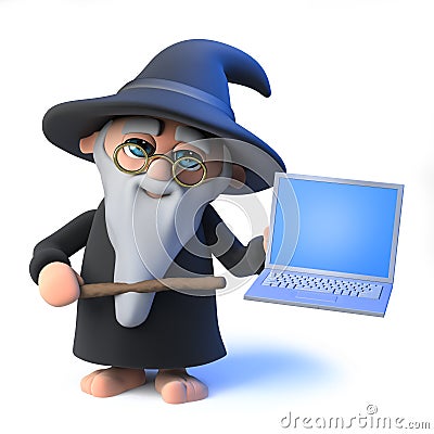 3d Funny cartoon wizard magician holding a laptop Stock Photo