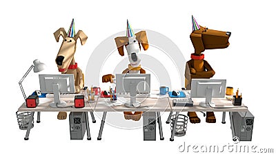 3d render of funny cute dogs working in the office behind computers Stock Photo