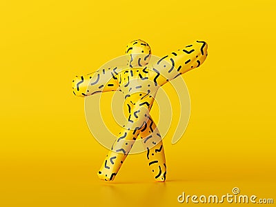 3d render, funny inflatable man walks, hands up, cartoon character isolated on yellow background. Dancing toy, unknown mascot. Stock Photo