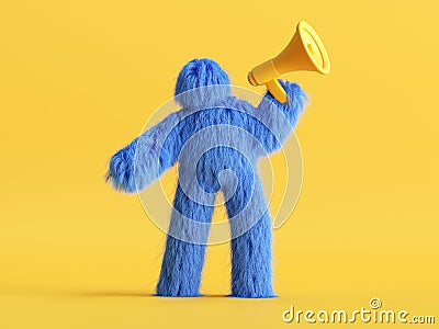 3d render, funny Yeti cartoon character speaks using megaphone. Important announcement, attention concept. Funny toy, hairy blue Stock Photo