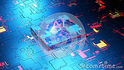 3D Render of the future concept of AI artificial intelligence technology CPU central processor unit and circuit board for Stock Photo
