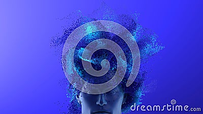 3D render of a futuristic male bust with abstract digital particle explosion in blue tones and copy space on a gradient background Stock Photo