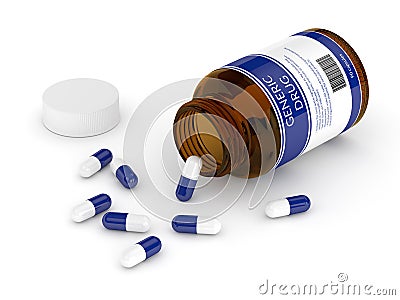 3D render of generic drug pills in bottle Stock Photo