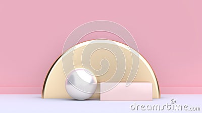 3d render geometric shape form white sphere gold semi circle-round soft pink square Stock Photo