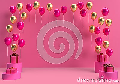 3d render of gift box and floating balloons, pink blackground, minimal concept for Valentine`s day, Celebration, Birthday, Annive Stock Photo