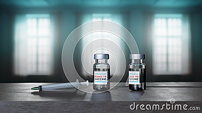 3d render of glass covid-19 vaccine vials and a plastic syringe on a table against windows Stock Photo