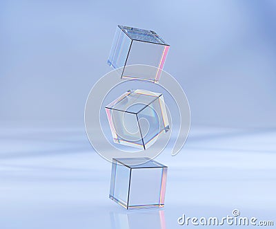 3d render, glass or plastic cubes flying in different angles on blue texture background. Clear square boxes of acrylic Stock Photo