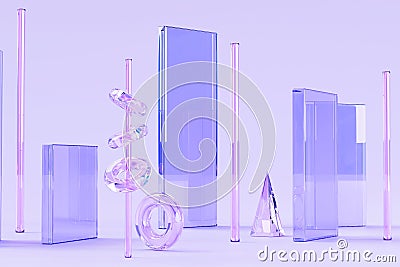 3d render glass rectangle blocks with crystal pillars, rings and triangle on purple abstract background. Iridescent Cartoon Illustration