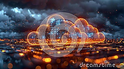 3D render of global encrypted cybersecurity network using cloud computing technology. Concept Stock Photo