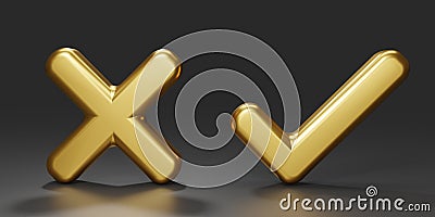 3D render gold Checkmark and X mark icon set on black background. Checkmark right symbol, tick sign. check and uncheck for web and Cartoon Illustration