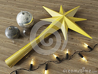 3d render of a gold decoration star and Christmas decoration baubles with black lights on a wooden background Stock Photo