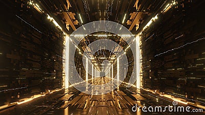 3d render gold Digital futuristic neon tunnel Stock Photo