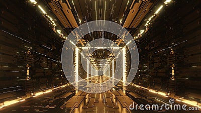 3d render gold Digital futuristic neon tunnel Stock Photo