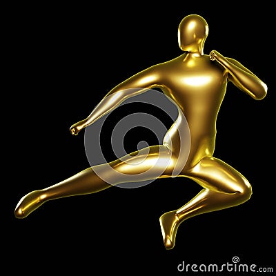 3d Render Gold Stickman - Karate Kicking Pose, performs flying kicks Stock Photo