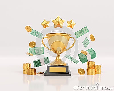 3d render gold winners trophy with stars and coin. golden profit and currency concept. victory prize awards with money. 3d Cartoon Illustration