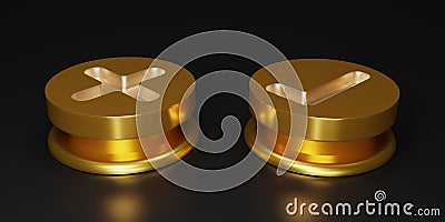 3D render golden right or wrong button isolate on black background. Gold button. Checkmark and X mark icon set. Checkmark right Cartoon Illustration