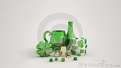 Green Glass, Alcoholic Bottle, Kettle And Clover Leaf On Gry Background And Copy Space. St Patricks Day Concept Stock Photo